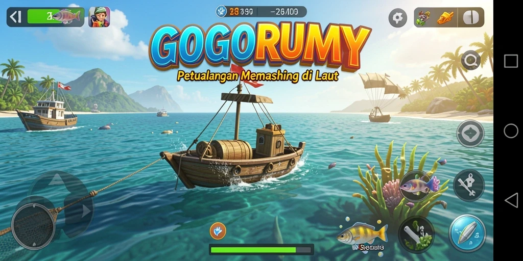 Gameplay GOGORUMMY yang seru dan menarik saat memancing.