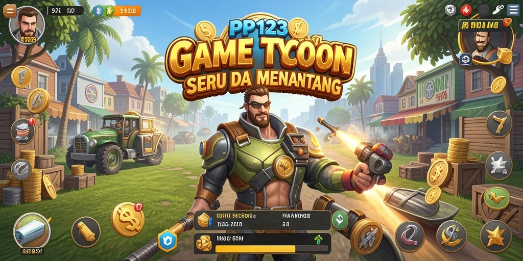 Tampilan gameplay PP123 dengan strategi membangun bisnis Tycoon.