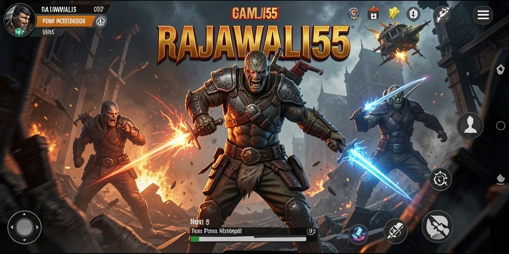 Tangkapan layar game RAJAWALI55 menampilkan aksi mendebarkan di lapangan pertempuran.